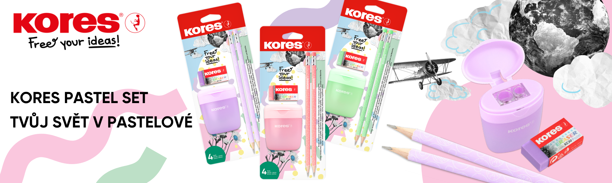 Kores Pastel SET – ořezávátko, 2 tužky, pryž